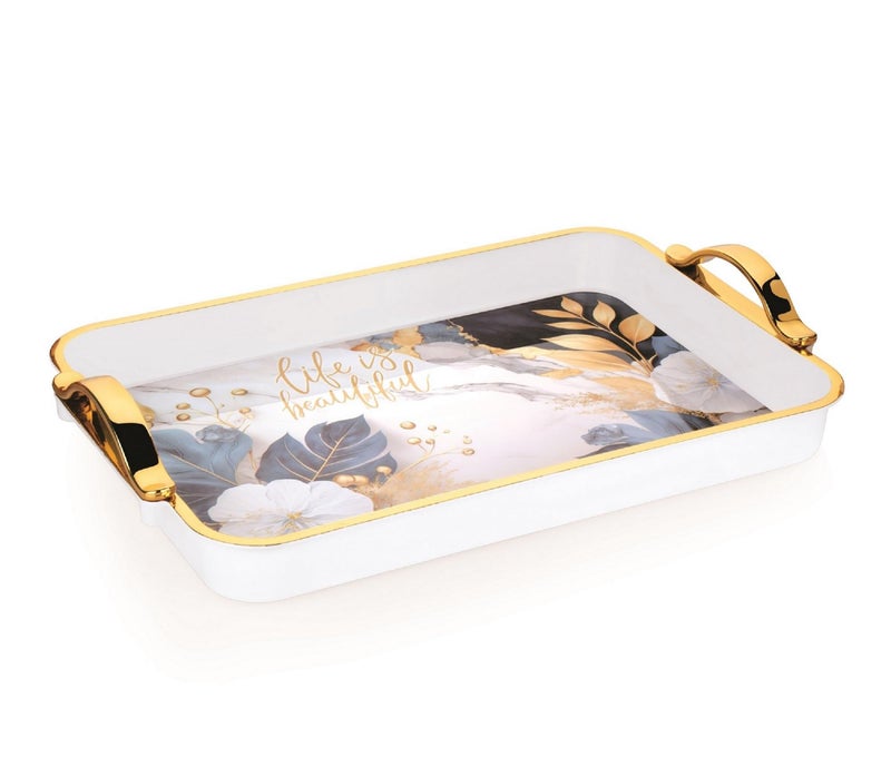 Nabhya Flower Printed Serving Tray Plastic Material BPA Free Tray with Handle for Tea,Coffee,Snack,Kitchen & Dining Table Home Décor (White & Gold, Medium -2 Pc Set) - Image 5