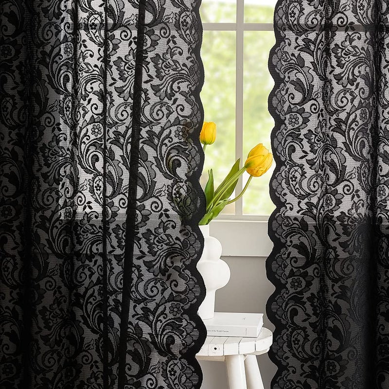 ALIGOGO Black Lace Curtains 63 Inch Length Victorian Vintage Floral Sheer Curtain Panels for Halloween Luxury Gothic Curtains for Bedroom Witchy/Goth/Moody Room Decor, 52 x 63 Inch, Black - Image 2