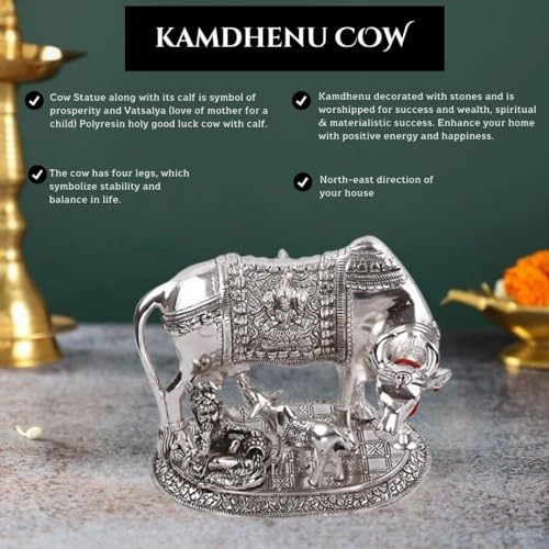 INTERNATIONAL GIFT® Oxidized Finish Silver Plated Kamdhenu Cow with Calf Statue with Luxury Velvet Box (6.5 cm X 20 cm X 14 cm) - Image 2