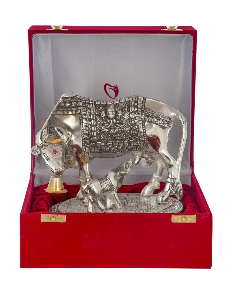 INTERNATIONAL GIFT® Oxidized Finish Silver Plated Kamdhenu Cow with Calf Statue with Luxury Velvet Box (6.5 cm X 20 cm X 14 cm) - Image 1