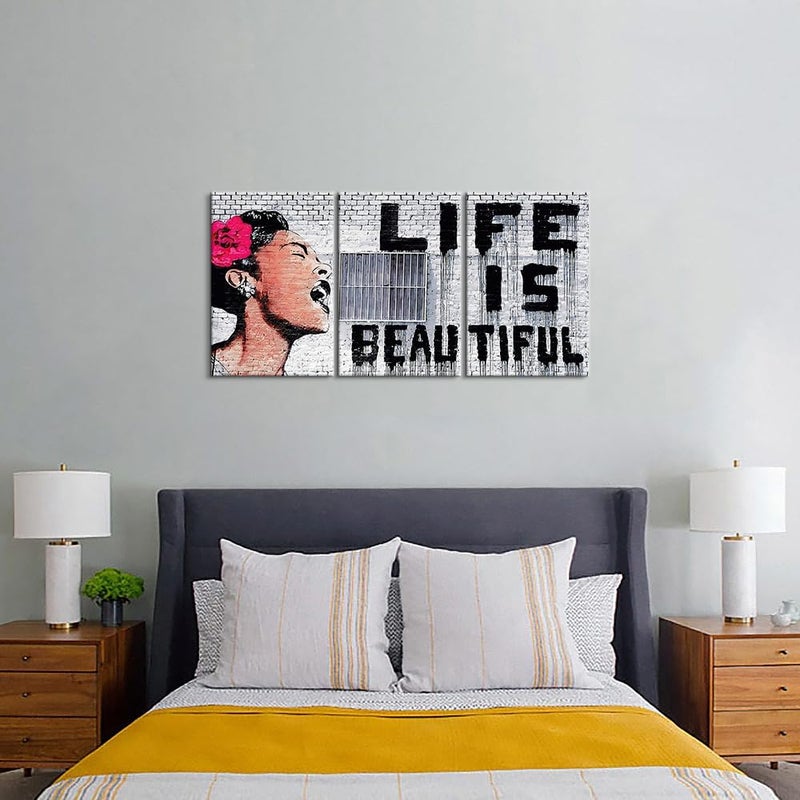 Mistyefly 3 Pieces Banksy Canvas Art Colorful Posters Life Is Beautiful Wall Decor Graffiti Canvas Pop Wall Art for Living Room (16''Wx24''Hx3PCS) - Image 5