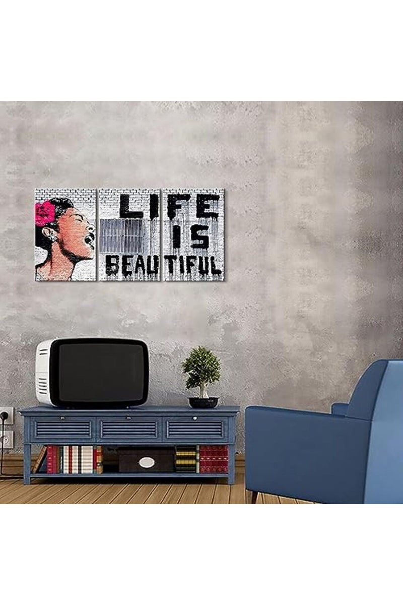 Mistyefly 3 Pieces Banksy Canvas Art Colorful Posters Life Is Beautiful Wall Decor Graffiti Canvas Pop Wall Art for Living Room (16''Wx24''Hx3PCS) - Image 2