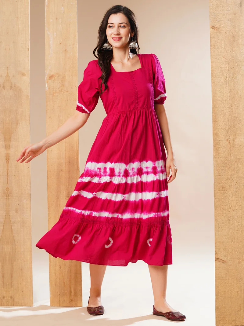 جلو باص Globus Women Square Neck Puff Sleeves Tie & Dye Lace Detail Fit & Flare Midi Dress