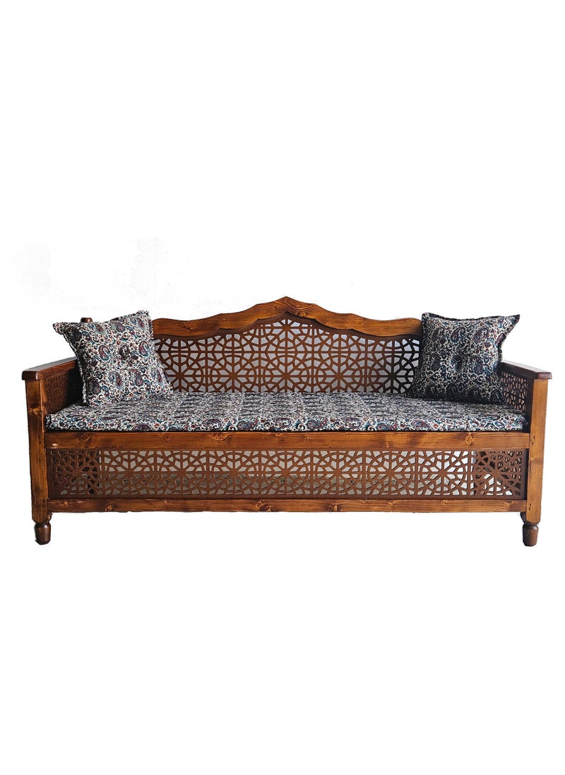 mahome 3 seater Handcrafted Arabic Solid Wood Sofa – Traditional Carved Design with Cushions and mattress. sutable for living room sofa, garden furniture. (Pine Wood, three seater)  - Image 4