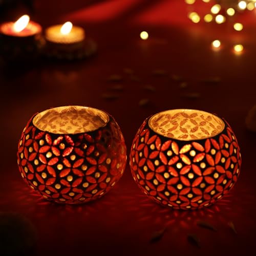 FlowerAura Designer Pack of 2 Mosaic Glass Votive Tealight Candle Holders for Home Decor, Wedding Decor, Christmas Decor, Candle Light Dinner Decor, Bedroom Decor, Festive Decor, Dining Table Decor - Image 3