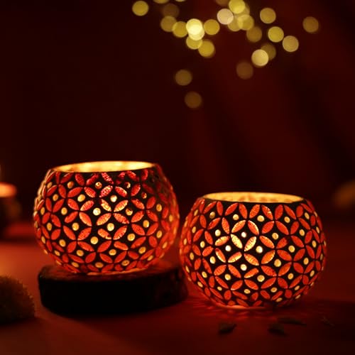 FlowerAura Designer Pack of 2 Mosaic Glass Votive Tealight Candle Holders for Home Decor, Wedding Decor, Christmas Decor, Candle Light Dinner Decor, Bedroom Decor, Festive Decor, Dining Table Decor - Image 1