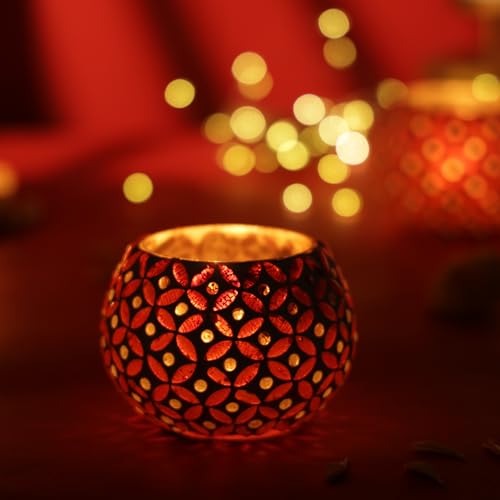 FlowerAura Designer Pack of 2 Mosaic Glass Votive Tealight Candle Holders for Home Decor, Wedding Decor, Christmas Decor, Candle Light Dinner Decor, Bedroom Decor, Festive Decor, Dining Table Decor - Image 2