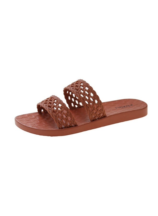NIBEMINENT Flat Bottom Sandals Women's Summer  Simple Woven Outdoor Beach Cool Slippers Rubber Sole Adult Solid Color  - Image 1