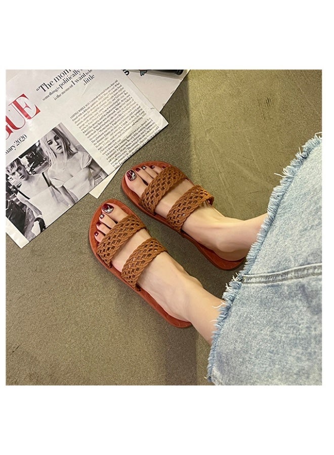 NIBEMINENT Flat Bottom Sandals Women's Summer  Simple Woven Outdoor Beach Cool Slippers Rubber Sole Adult Solid Color  - Image 4