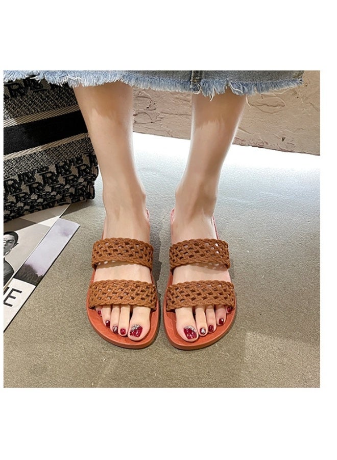 NIBEMINENT Flat Bottom Sandals Women's Summer  Simple Woven Outdoor Beach Cool Slippers Rubber Sole Adult Solid Color  - Image 3