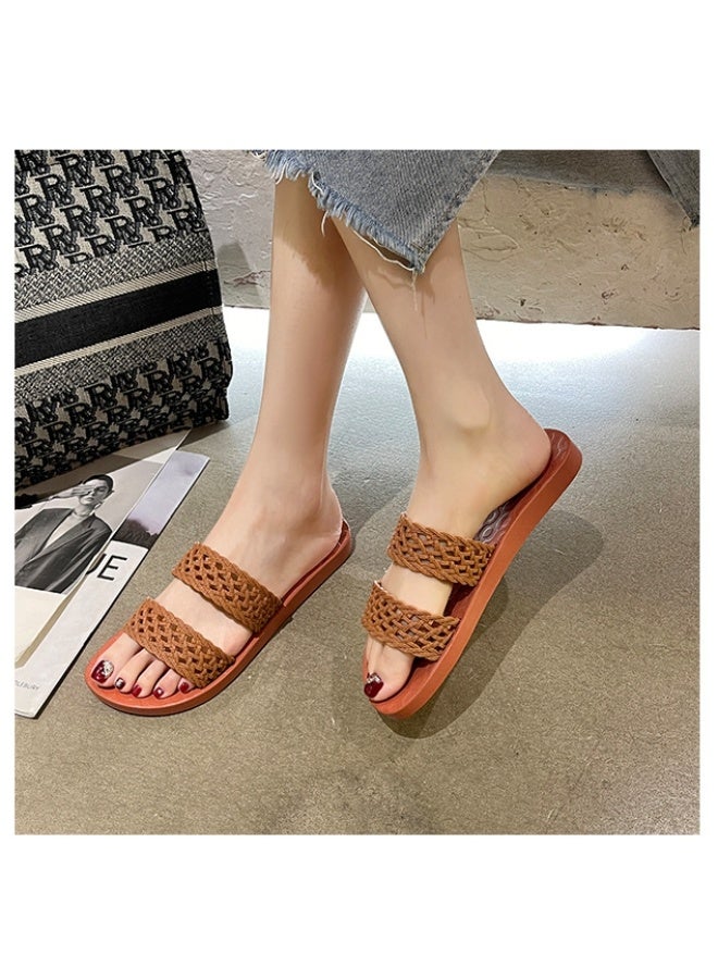 NIBEMINENT Flat Bottom Sandals Women's Summer  Simple Woven Outdoor Beach Cool Slippers Rubber Sole Adult Solid Color  - Image 2