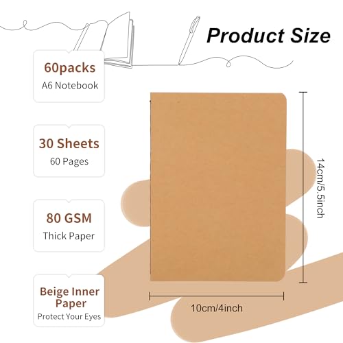 miikoul 60 Packs Kraft Small Blank Notebooks, Unlined Mini A6 Journals Bulk, Blank Notepads for Kids Student Back to School, Office, Sketching, Drawing, Writing Supplies, 5.5" X 4", 30 Sheets/60 Pages - Image 2