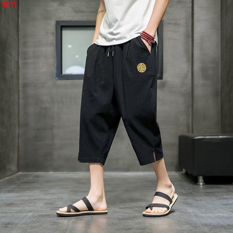 Cropped Pants Mens Summer Thin Embroidered Linen Shorts Loose Feet Hallen Pants Chinese Style Cotton Linen Casual Pants Black  - Image 1