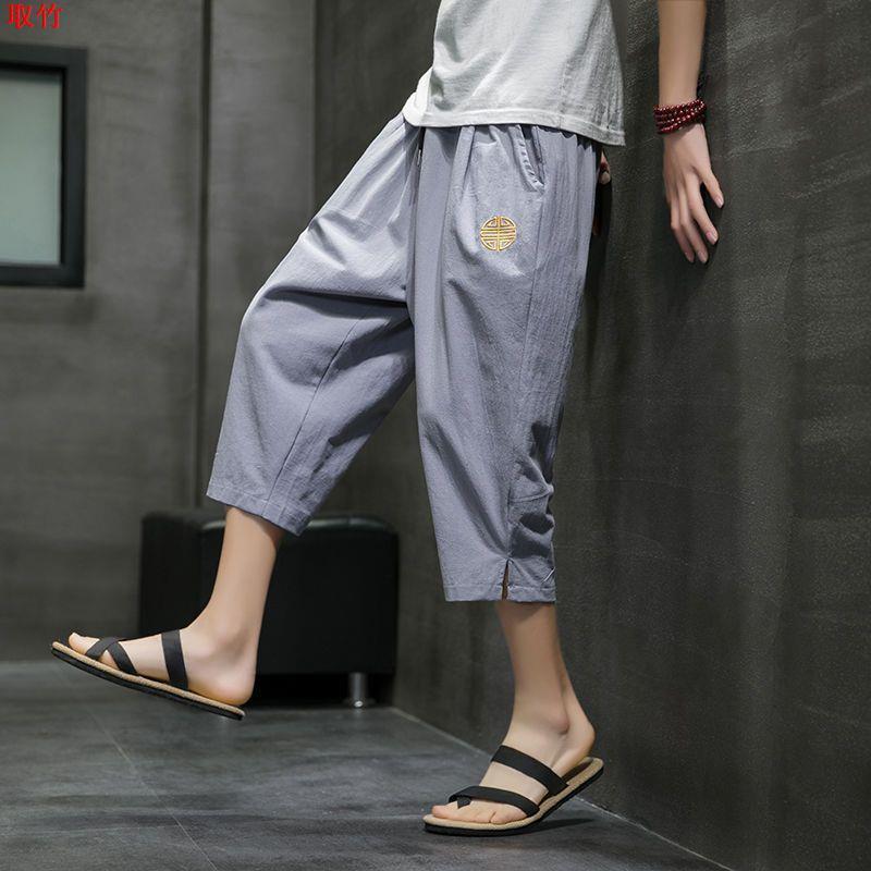 Cropped Pants Mens Summer Thin Embroidered Linen Shorts Loose Feet Hallen Pants Chinese Style Cotton Linen Casual Pants Black  - Image 2