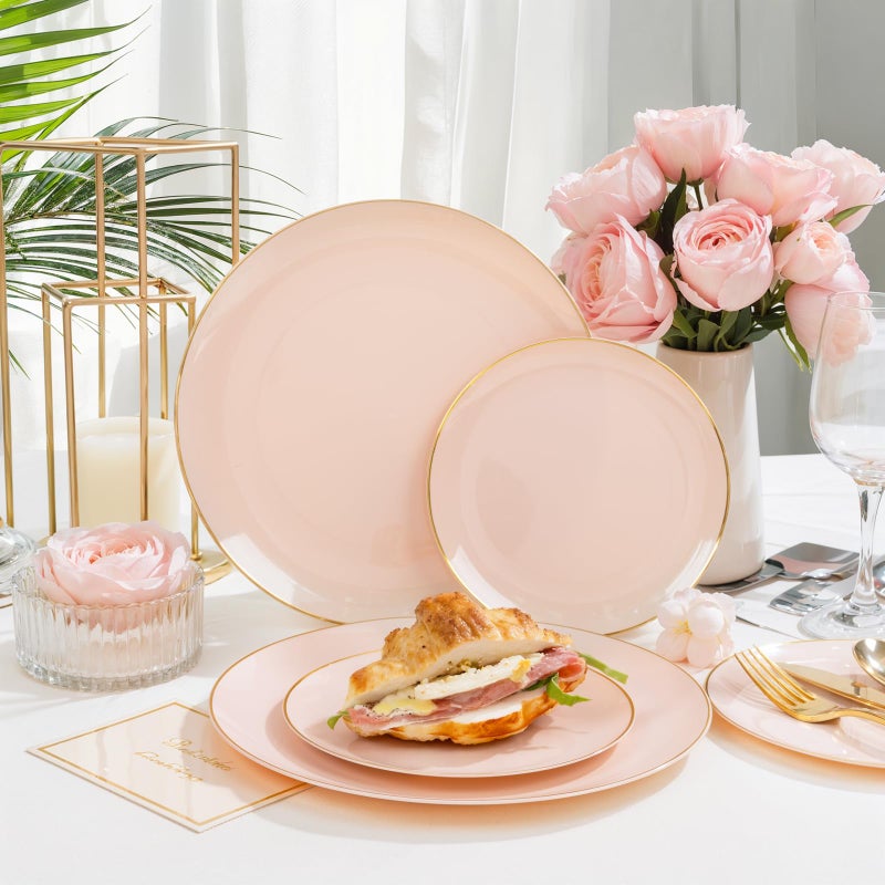 PULOTE 200Pieces Pink Plastic Plates - Premium Hard Pink and Gold Disposable - Include 100PCS 10 inch Dinner & 100PCS 7 inch Dessert Plates, Ideal for Wedding, Party & Easter - Image 3