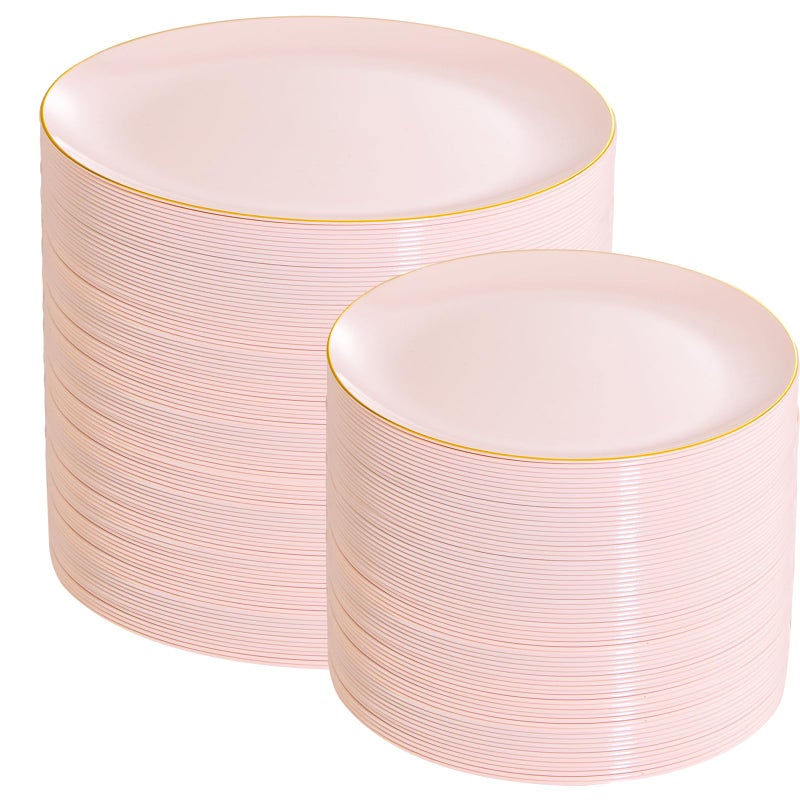 PULOTE 200Pieces Pink Plastic Plates - Premium Hard Pink and Gold Disposable - Include 100PCS 10 inch Dinner & 100PCS 7 inch Dessert Plates, Ideal for Wedding, Party & Easter - Image 1