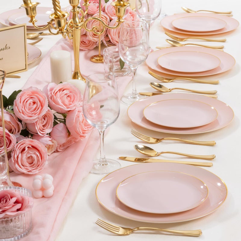 PULOTE 200Pieces Pink Plastic Plates - Premium Hard Pink and Gold Disposable - Include 100PCS 10 inch Dinner & 100PCS 7 inch Dessert Plates, Ideal for Wedding, Party & Easter - Image 5