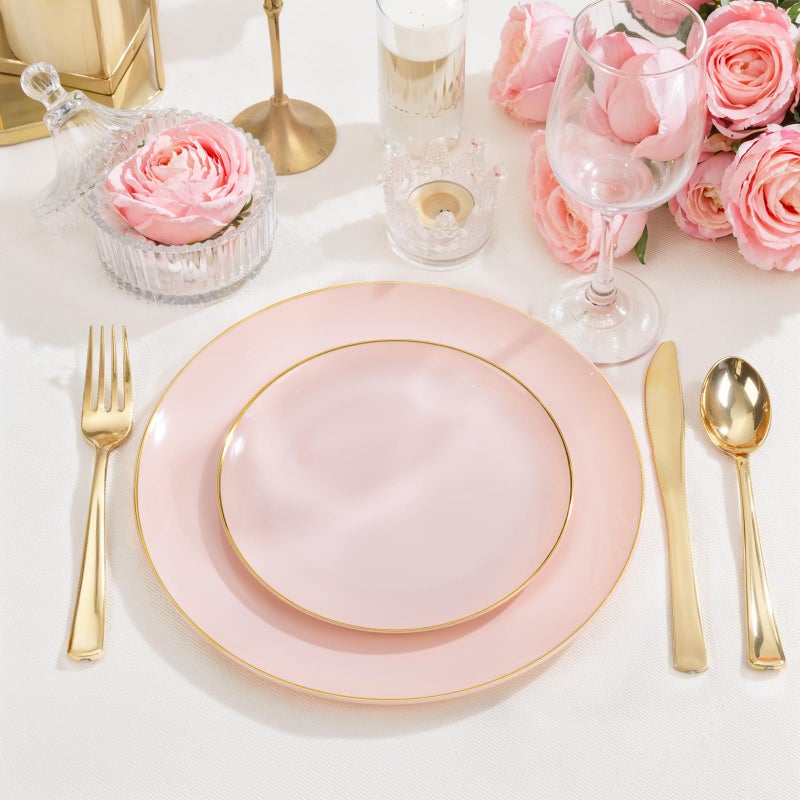 PULOTE 200Pieces Pink Plastic Plates - Premium Hard Pink and Gold Disposable - Include 100PCS 10 inch Dinner & 100PCS 7 inch Dessert Plates, Ideal for Wedding, Party & Easter - Image 4
