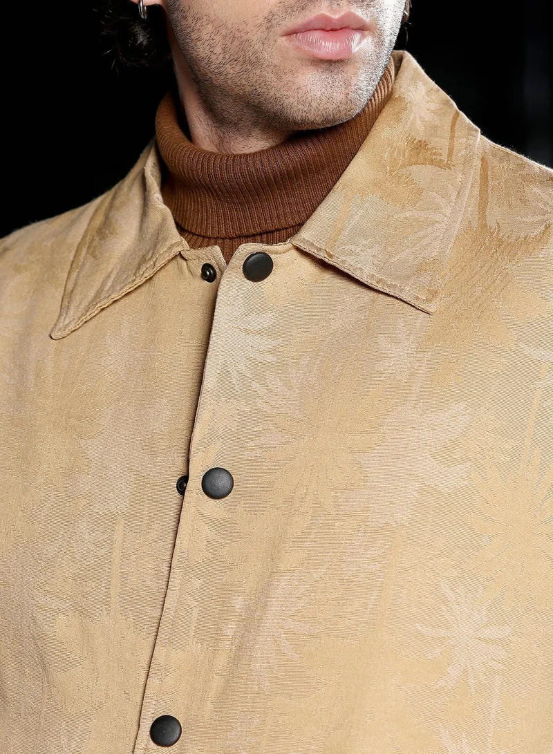 Campus Sutra Men Palm-Jacquard Bomber Jacket | Point Collar, Long Button-Cuff Sleeves | Snap Button , Stretch-Straight Hem | Solid Jacquard | Woven Fabric For Casual & Daily Wear | Sand Beige