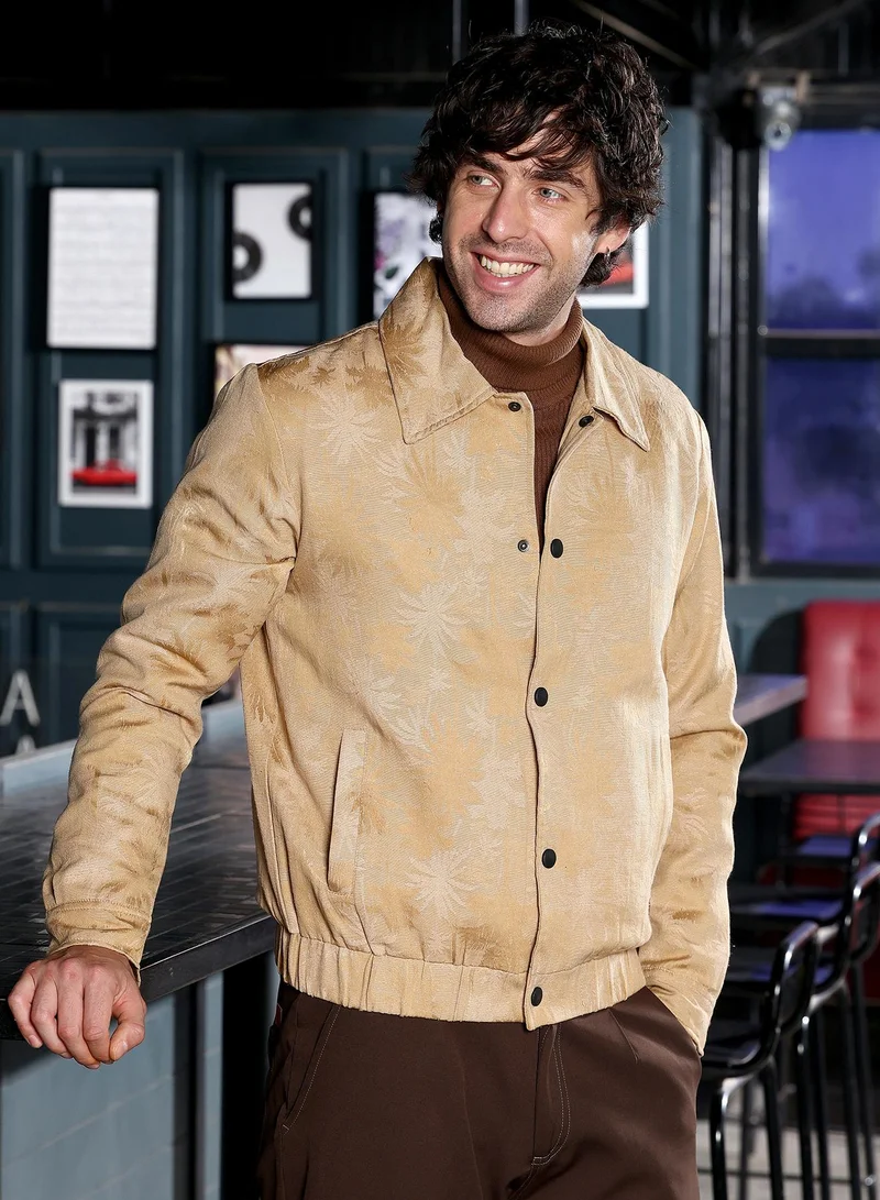 Campus Sutra Men Palm-Jacquard Bomber Jacket | Point Collar, Long Button-Cuff Sleeves | Snap Button , Stretch-Straight Hem | Solid Jacquard | Woven Fabric For Casual & Daily Wear | Sand Beige