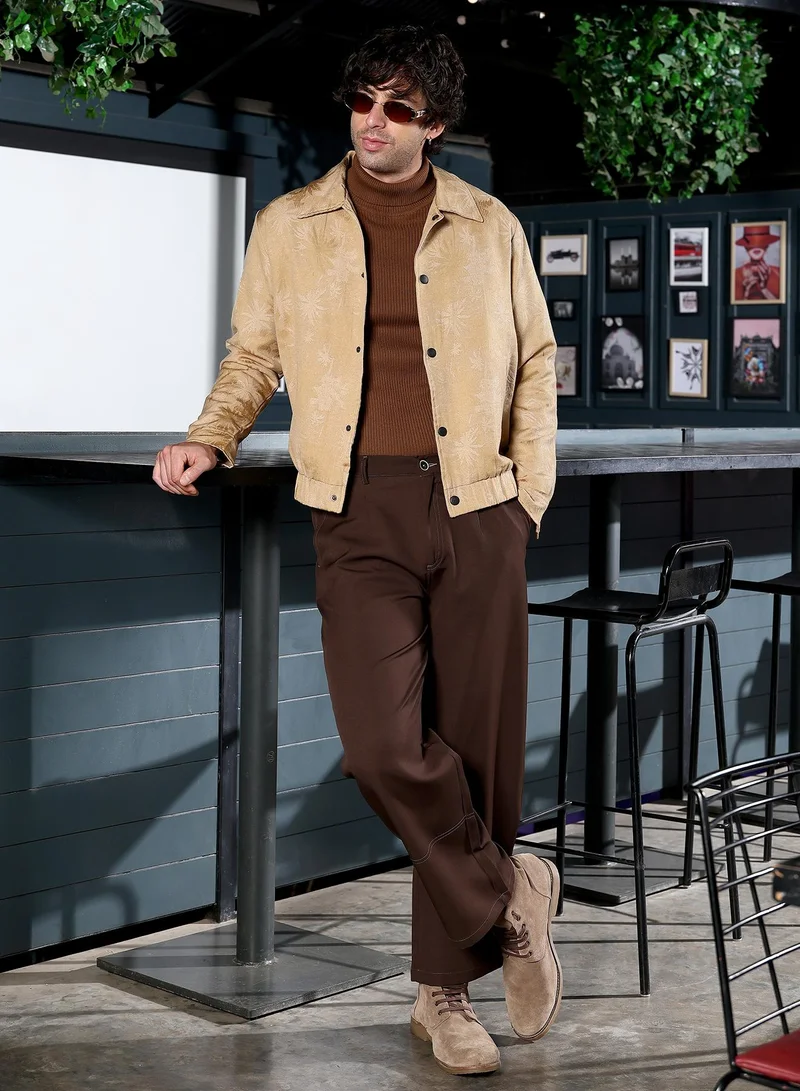 Campus Sutra Men Palm-Jacquard Bomber Jacket | Point Collar, Long Button-Cuff Sleeves | Snap Button , Stretch-Straight Hem | Solid Jacquard | Woven Fabric For Casual & Daily Wear | Sand Beige