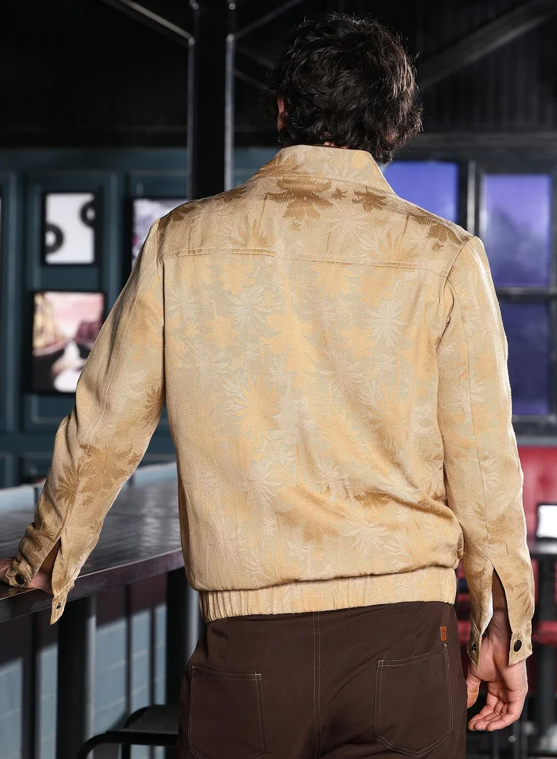Campus Sutra Men Palm-Jacquard Bomber Jacket | Point Collar, Long Button-Cuff Sleeves | Snap Button , Stretch-Straight Hem | Solid Jacquard | Woven Fabric For Casual & Daily Wear | Sand Beige