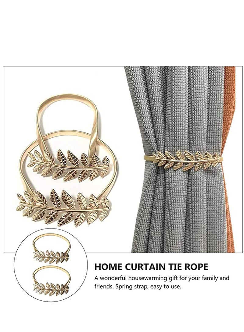 KASTWAVE 2 Pcs Curtain Tieback Aluminum Leaf Shaped Curtain Holdback Simple Modern Curtain Buckle Elastic Curtain Strap Decorative Drape Tie Back for Window Draperies Golden - Image 3