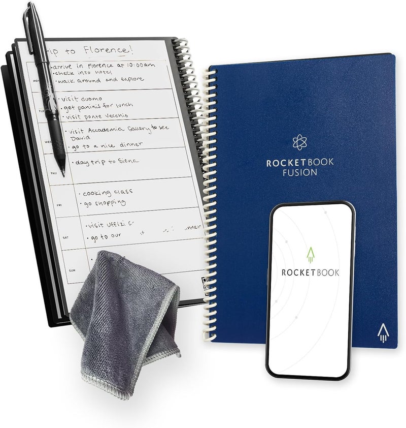 Rocketbook Fusion Smart Reusable Notebook - Calendar, To-Do Lists, And Note Template Pages With 1 Pilot Frixion Pen And 1 Microfiber Cloth - Included Midnight Blue Cover, Executive Size (6" X 8.8") - Image 1