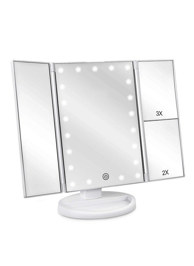DeWEISN DeWEISN Tri-Fold Lighted Vanity Makeup Mirror with 21 LED Lights, Touch Screen and 3X/2X/1X Magnification Mirror, Two power Supply Mode Tabletop Makeup Mirror,Travel Cosmetic Mirror (White)  - Image 1