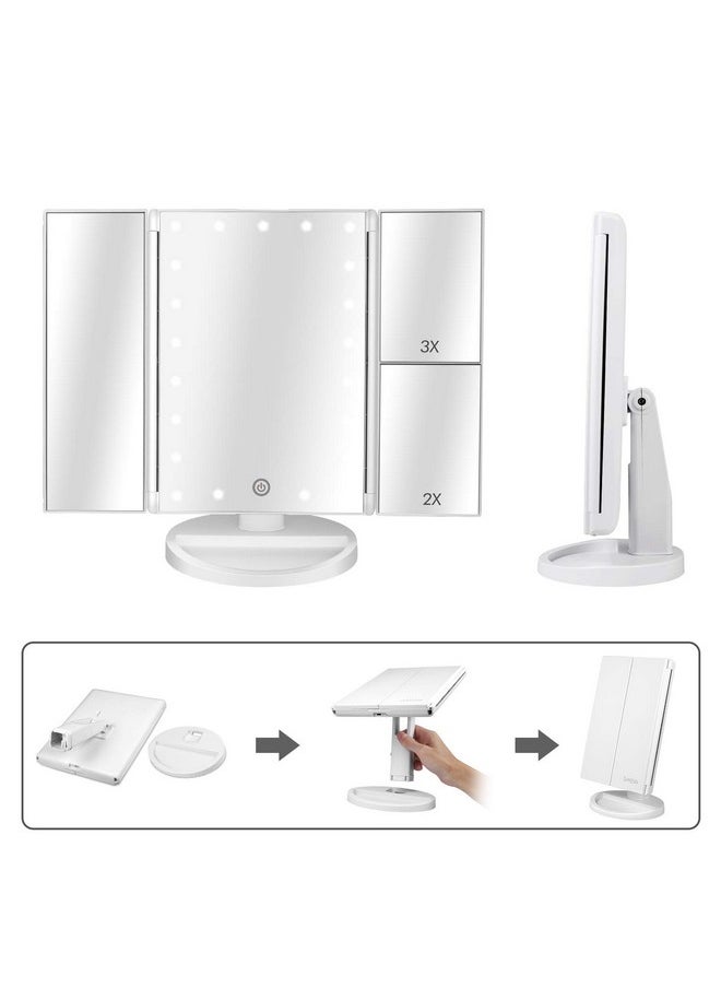 DeWEISN DeWEISN Tri-Fold Lighted Vanity Makeup Mirror with 21 LED Lights, Touch Screen and 3X/2X/1X Magnification Mirror, Two power Supply Mode Tabletop Makeup Mirror,Travel Cosmetic Mirror (White)  - Image 3
