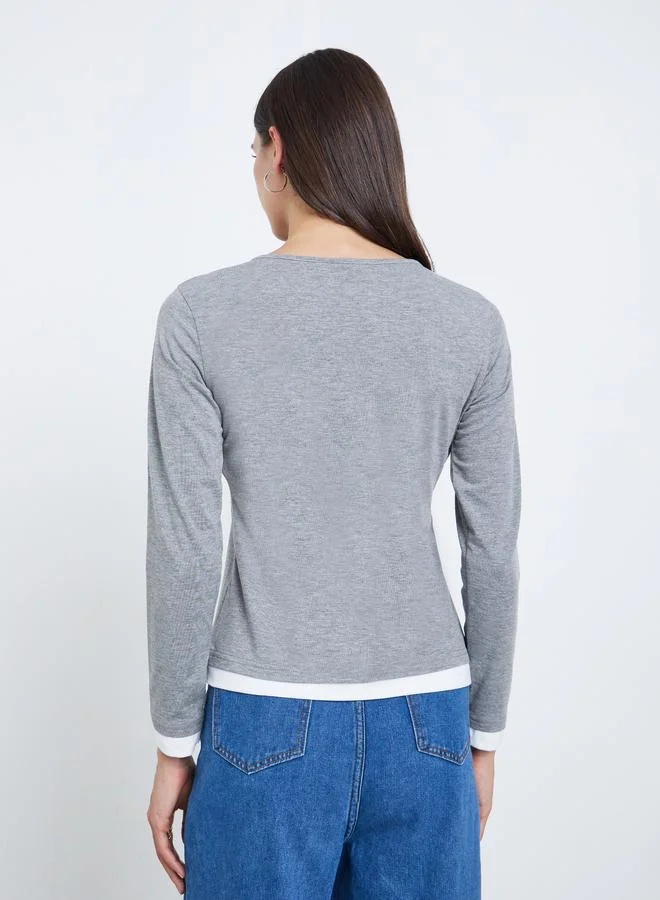 Styli Styli Grey Embroidered Contrast Trim Regular Fit T-Shirt