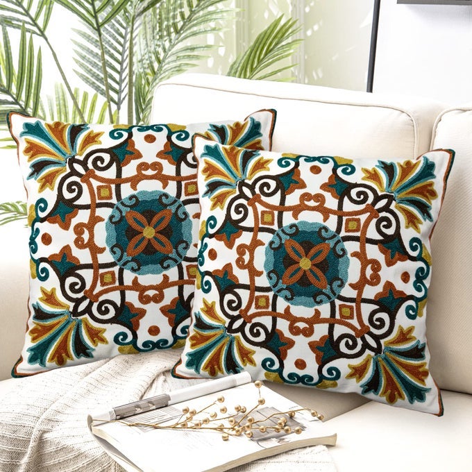FLORAL EMBROIDERED FALL DECORATIVE THROW PILLOW COVER 18X 18 SET OF 2 BOHO FARMHOUSE EMBROIDERY PATTERNED ORANGE TEAL CUSHION CASE FOR SOFA COUCH LIVING ROOM BEDROOM OUTDOOR