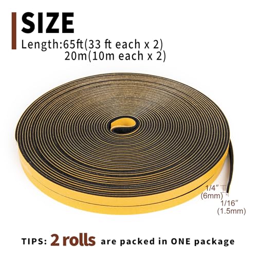 Yotache Weather Stripping (.25) 1/4 Inch Wide X 1/16 Inch Thick (New Adhesive Craft), Thin Foam Seal Gasket Tape for Window, Dashboard, Sliding Door Jamb, 65 Ft Length (2 Strips of 33 Ft Each) - Image 4