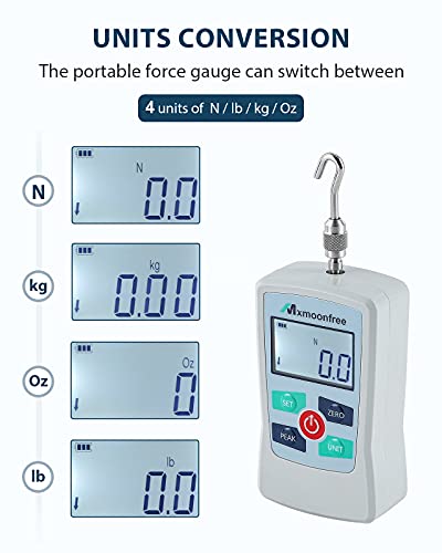Mxmoonfree 300N Digital Force Gauge Push Pull Gauge Portable Force Meter with Units N/LB/Kg/Oz, Storage Case, Auto Backlit LCD, Auto Power-Off for Teaching School Lab Mechanical Physics (ZMF-300N) - Image 2