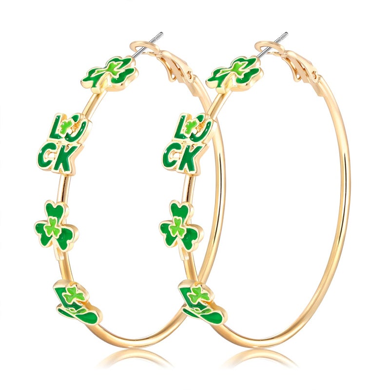 BVGA Holiday St Patrick's Day Hoop Earrings Shamrock Charm Earrings Festive Clover Luck Hat Leprechaun Funny Irish Hoop Earrings Jewelry Gift - Image 1