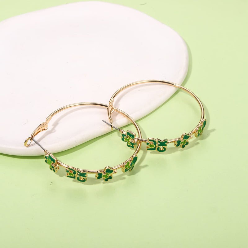 BVGA Holiday St Patrick's Day Hoop Earrings Shamrock Charm Earrings Festive Clover Luck Hat Leprechaun Funny Irish Hoop Earrings Jewelry Gift - Image 4