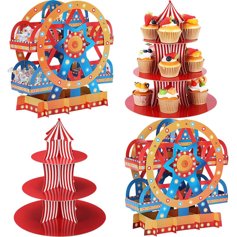 Vesici Set of 4 Carnival Theme Ferris Wheel Centerpieces and Cupcake Stands 3 Tier Cardboard Cupcake Holder for Dessert Displays Birthday Party Decorations