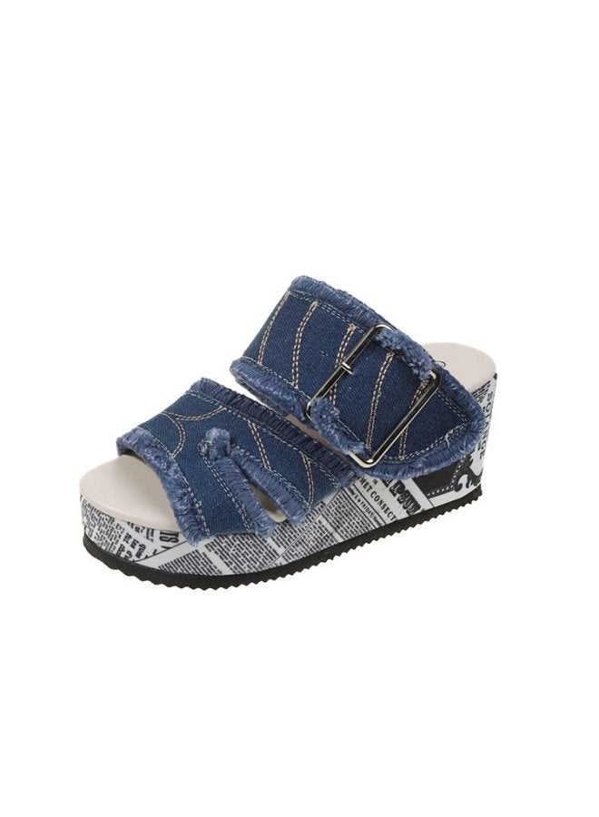 Plus Size Wedge Denim Round Toe Peep Toe Sandals New Fashion Comfortable All-match Rhinestone High Heels