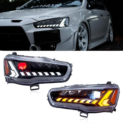 HCMOTIONZ HCmotion Headlights Assembly Fit for Mitsubishi Lancer & EVO X 2008 2009 2010 2011 2012 2013 2014 2015 2016 2017 2018 2019 2020 With DRL Start UP Animation Sequential Turn Signal (Clear) - Image 1