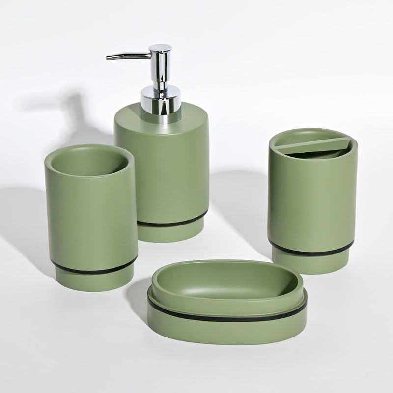 PLIO Bathroom Accessories Set of 4 Modern Bath Set with Liquid handwash Soap Dispenser and Toothbrush Holder Luxury Gift Accessory for Home SAGE