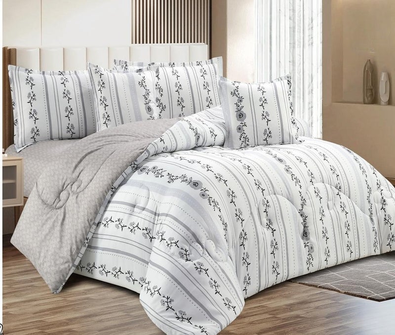 Luxurious duvet set with a classic striped and floral pattern in gray and white