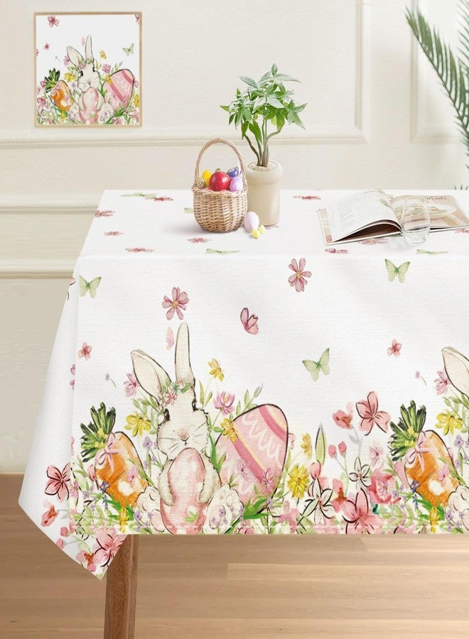 مفرش طاولة عيد الفصح من ديزينب، مقاس 60 × 120 بوصة، مزين برسومات أرنب وبيض وزهور، غطاء طاولة مستطيل قابل للغسل ومقاوم للبقع والتجاعيد، مثالي لتزيين حفلات الربيع والعطلات والنزهات والعشاء. - Image 1
