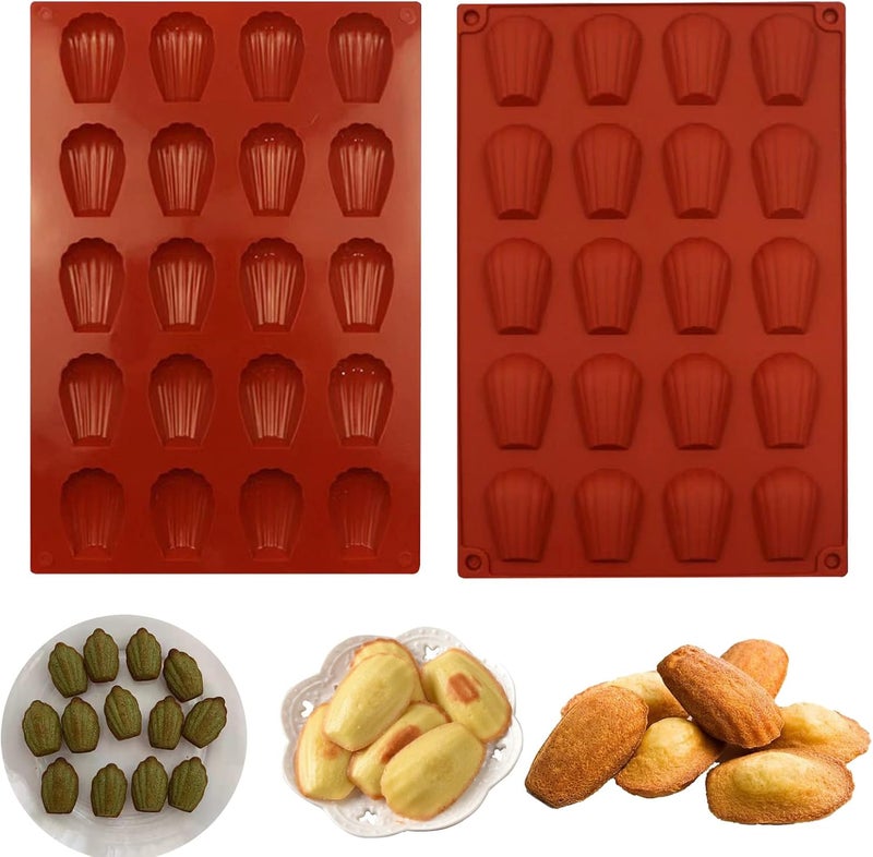 HYCSC 20 Cavity Madeleine Pan, 2Pcs Nonstick Silicone Madeleine Molds, Shell Shape Baking Cake Mold Pan (Brick Red) - Image 1