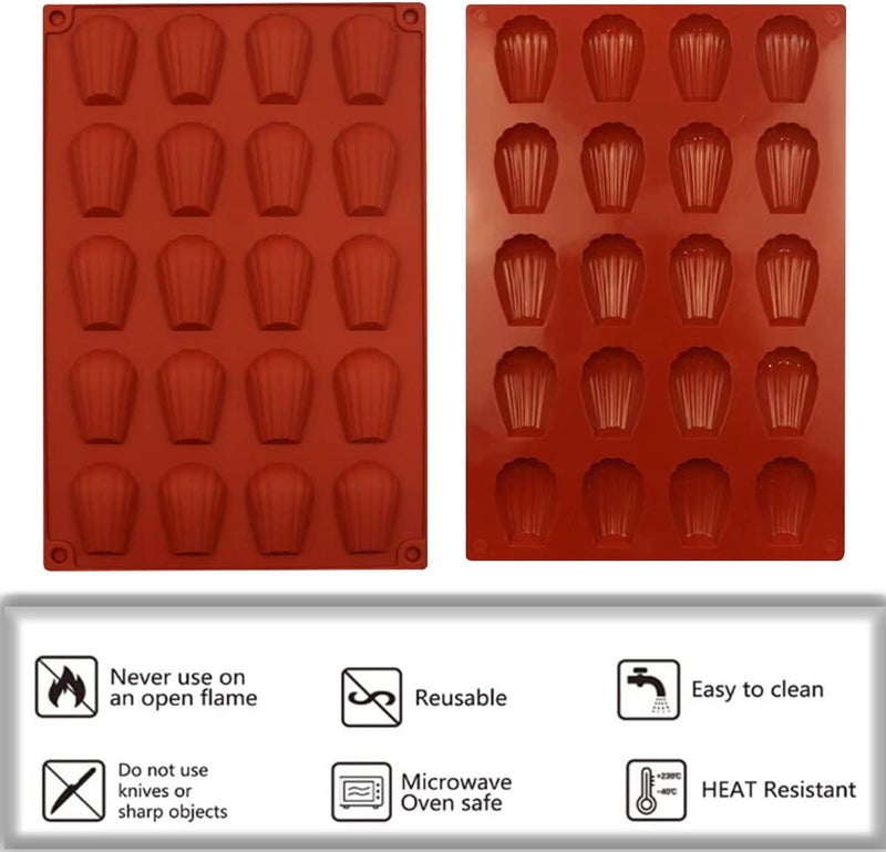 HYCSC 20 Cavity Madeleine Pan, 2Pcs Nonstick Silicone Madeleine Molds, Shell Shape Baking Cake Mold Pan (Brick Red) - Image 3