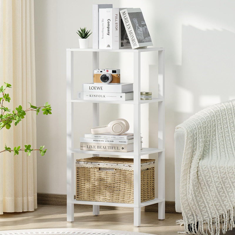 YUFAM 4 Tier Tall Wooden Bookshelf with Storage - Small White Bookcase for Small Spaces, Shelf for Living Room, Office, Bedroom, Kitchen - Industrial Modern Book Shelf - Image 1