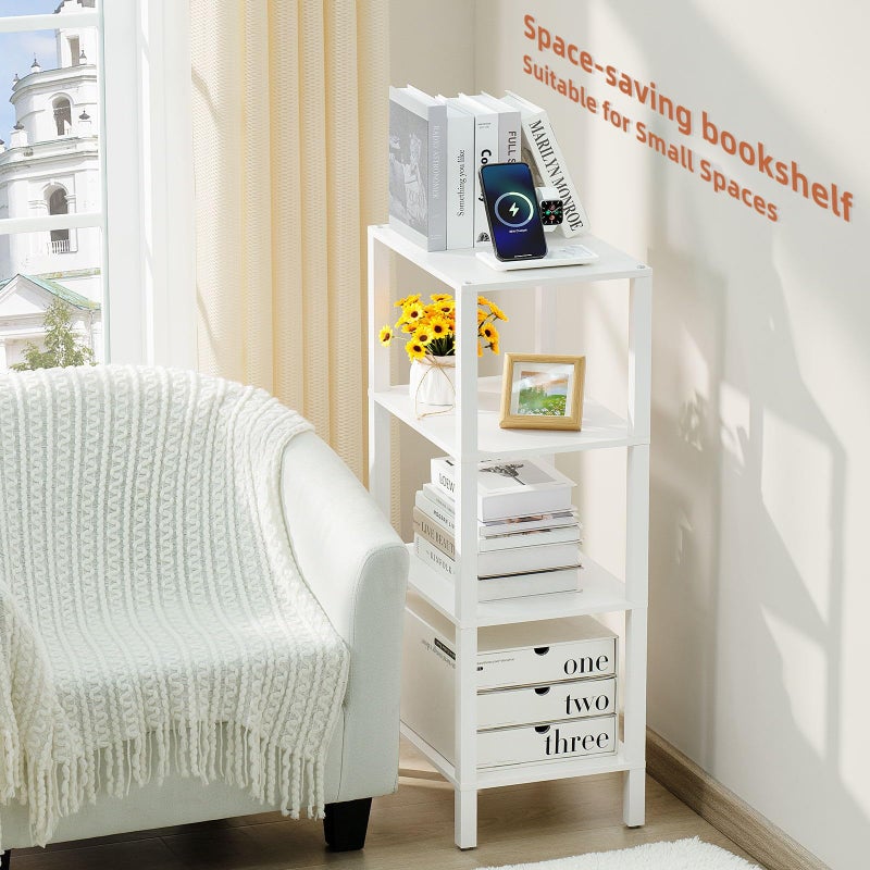 YUFAM 4 Tier Tall Wooden Bookshelf with Storage - Small White Bookcase for Small Spaces, Shelf for Living Room, Office, Bedroom, Kitchen - Industrial Modern Book Shelf - Image 5
