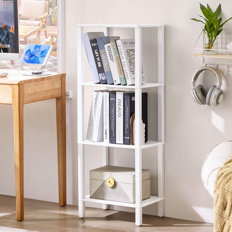 YUFAM 4 Tier Tall Wooden Bookshelf with Storage - Small White Bookcase for Small Spaces, Shelf for Living Room, Office, Bedroom, Kitchen - Industrial Modern Book Shelf - Image 3