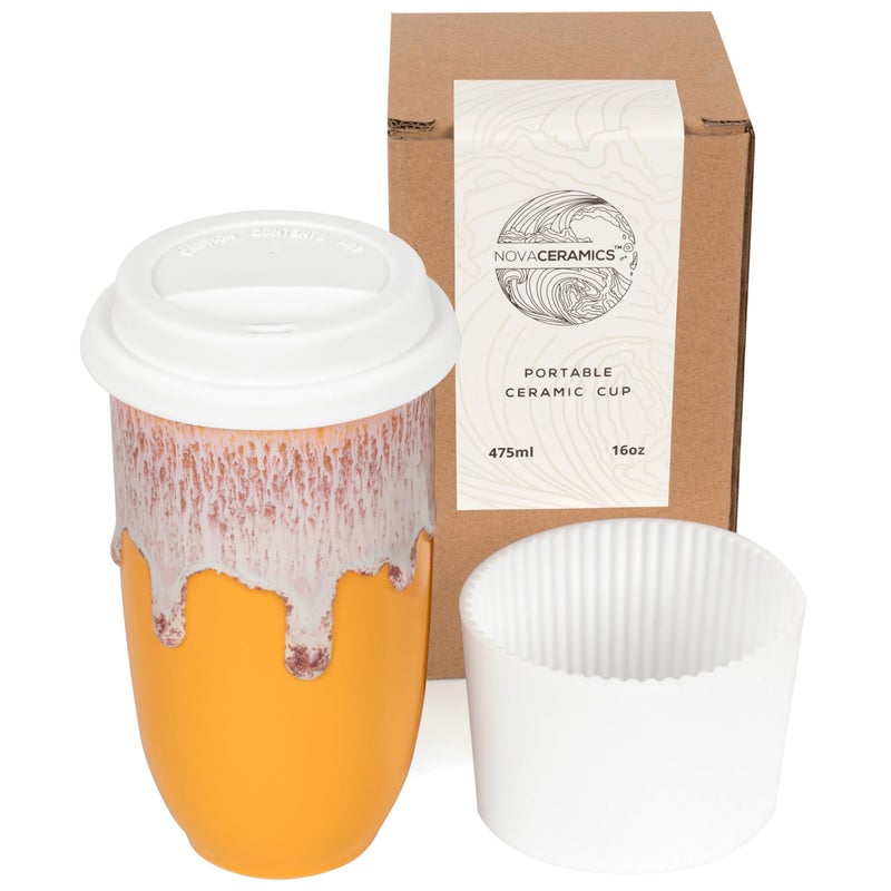 NOVA CERAMICS Ceramic Tumblerâ€“ Ceramic Travel Mug With Lid â€“ Microwave & Dishwasher Safe Coffee White & Orange Tumbler - Gifts For Women Men Him Her â€“ 16oz â€“ Grapefruit - Image 1