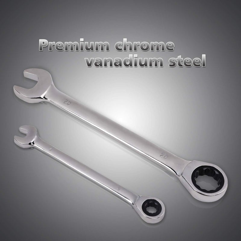 Egofine 18pc Metric Wrench Set, 6 mm - 24 mm Chrome Vanadium Steel Ratcheting Wrench Set with a Roll Up Storage Bag - Image 3