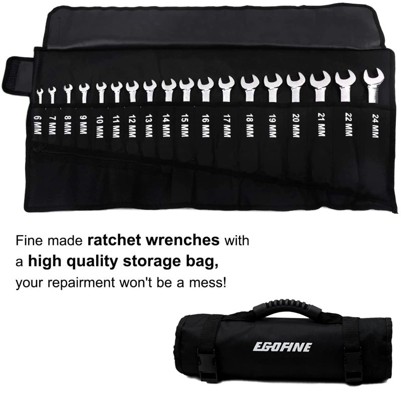 Egofine 18pc Metric Wrench Set, 6 mm - 24 mm Chrome Vanadium Steel Ratcheting Wrench Set with a Roll Up Storage Bag - Image 2